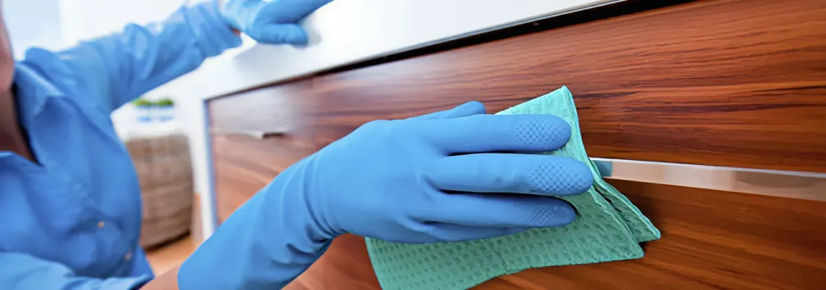 Cleaner wearing blue gloves wiping a wooden cabinet drawer with a microfiber cloth for dust and grime removal, Baton Rouge, LA.
